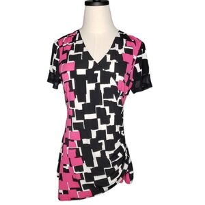 Joseph Ribkoff Faux Wrap Tunic Bold Geometric Rouched QR Code Print Mod Vacation